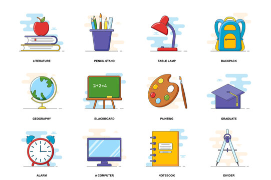 Education web concept stroke flat line icons isolated set. Study at lessons items bundle. Graphic linear symbols collection for website design. Vector conceptual pack outline pictograms for mobile app