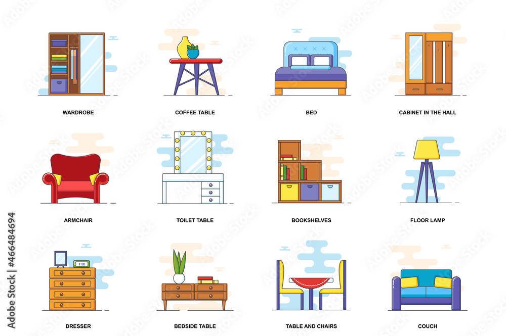 Poster furniture web concept stroke flat line icons isolated set. house room items bundle. graphic linear s