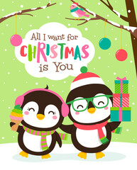 Cute penguins couple with snow background for christmas and new year celebration.