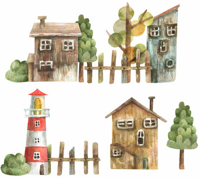Watercolor set with cute decorative houses, trees, fences, lighthouses