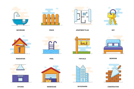 Real estate web concept stroke flat line icons isolated set. House or apartment bundle. Graphic linear symbols collection for website design. Vector conceptual pack outline pictograms for mobile app