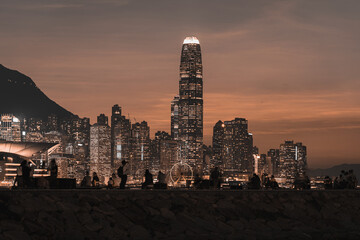 Cityscape at Victoria Harbour in Hong Kong; Golden color tone