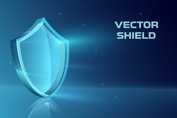 Vector illustration of shiny glass shield with glowing effect on abstract blue backgrounds