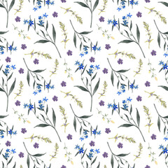 Seamless pattern from a hand-drawn watercolor blue flowers on a white background. Use for menus, invitations