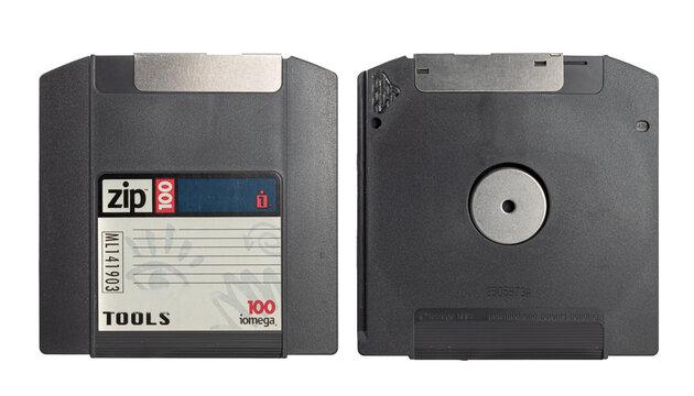iomega zip drive disc front and back view. Isolated. Illustrative editorial. Barcelona, Spain, february 2021