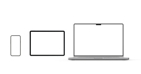 Smart phone, Tablet, Laptop blank screen display mockup 3d rendering front view on the white background
