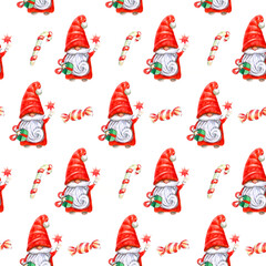 Gnomes and candies - Watercolor seamless pattern for Christmas or New Year.
