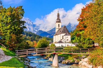 Fototapeta premium Berchtesgaden National Park, Germany. Parish Church of St. Sebastian in the village of Ramsau