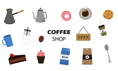 Vector illustration of items from a coffee shop on a white background. The objects can be used to design various menus, brochures, posters, flyers.