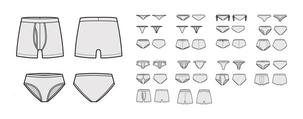 Set of underwear lingerie panties briefs technical fashion illustration with elastic waistband. Flat Trunk Underpants template front, back, grey color style. Women mens unisex swimsuit CAD mockup - obrazy, fototapety, plakaty
