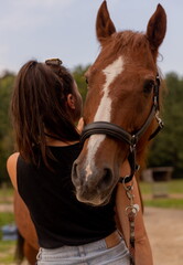 Obraz premium Vue de dos d'une jeune femme enlaçant son cheval