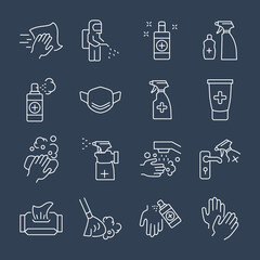 Disinfection and cleaning icons set. Disinfection and cleaning pack symbol vector elements for infographic web