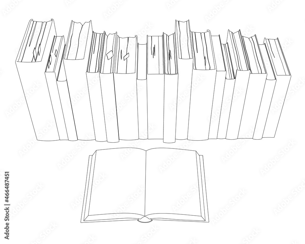 Poster contour of a stack of books from black lines isolated on a white background. one open book. view fro