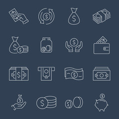 Money and Coins icons set. Money and Coins pack symbol vector elements for infographic web