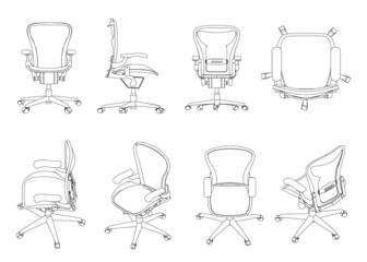 Set with the contours of a gaming chair from black lines isolated on a white background. Isometric view, side, top, front. Vector illustration