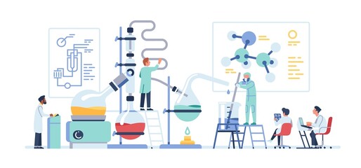 Tiny scientists. Chemists conduct experiments. New elements discovery. Biological research. Microbiology technology. Laboratory employees work with chemical test tubes. Vector concept