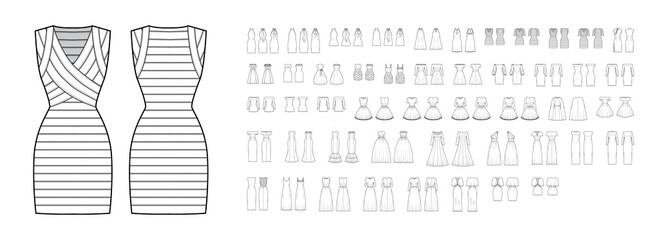 Set of evening Dresses wedding, trapeze, flared, mermaid technical fashion illustration with knee mini floor length skirt. Flat apparel front, back, white color style. Women men unisex CAD mockup