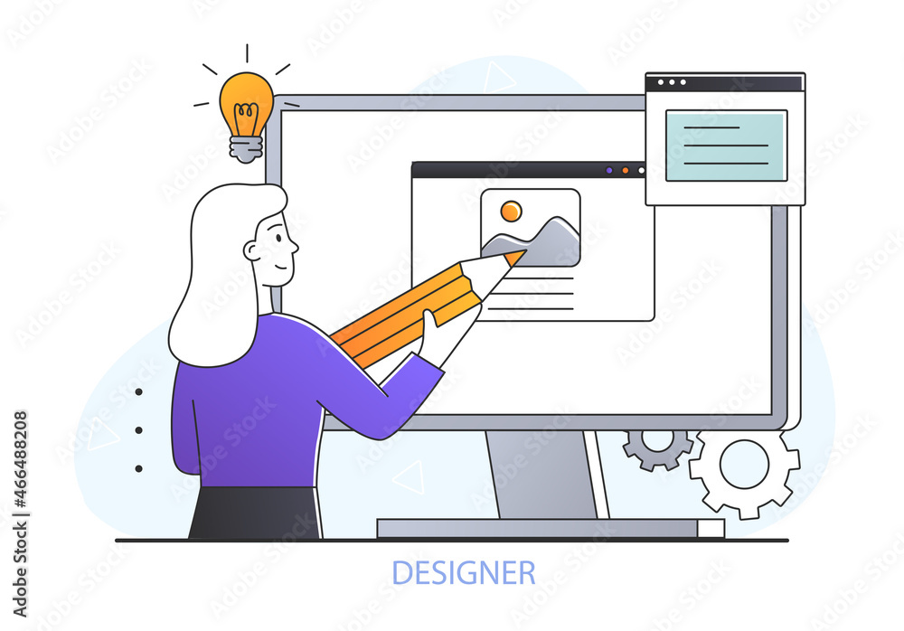 Poster graphic design concept. woman stands in front of computer monitor and draws picture in program. step