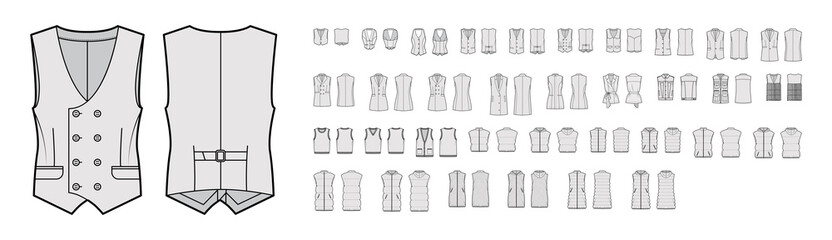 Set of vests waistcoat technical fashion illustration with sleeveless, pockets, fitted oversized body. Flat casual top apparel template front, back, grey color style. Women, men, unisex CAD mockup
