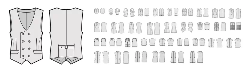 Foto op Canvas Set of vests waistcoat technical fashion illustration with sleeveless, pockets, fitted oversized body. Flat casual top apparel template front, back, grey color style. Women, men, unisex CAD mockup © Vectoressa