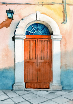 Watercolor illustration of a beautiful old red door with arched top window and with a lantern on a pale rose wall