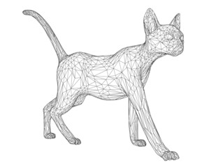 Wireframe of a walking cat from black lines isolated on a white background. 3D. Vector illustration