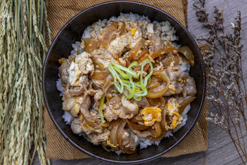 Japanese pork rice bowl with egg and onion (Donburi) on wooden table. Japanese food style.