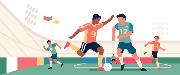 Soccer stadium players. Game with ball on football field. Struggle different teams. Sport match. Athletes competing. World cup. Sportsmen play together. Vector championship concept