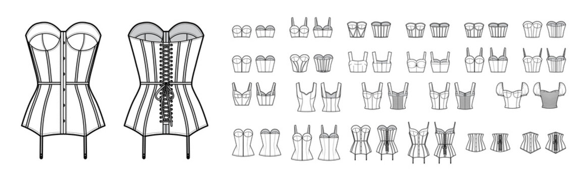 Set of corsets Bustier longline bra lingerie technical fashion illustration with molded cup, crop hip length. Flat brassiere template front back white color style. Women, men, underwear CAD mockup