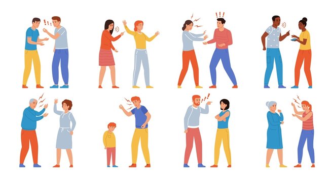 Quarrel people. Angry characters. Arguing and swearing. Conflict between couples and employees. Shouting contention. Screaming persons with aggressive gestures. Vector squabbles set