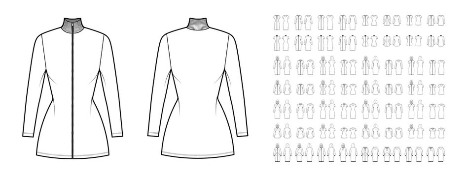 Set of sport Dresses technical fashion illustration with long short elbow sleeves, pouch, oversized fitted body, hoody collar. Flat apparel front, back, white color style. Women men, unisex CAD mockup