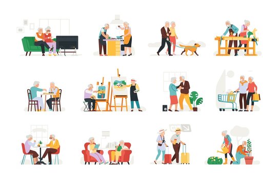 Elderly people hobbies. Seniors activities. Adult couples quiet pastime. Pensioners leisurely relaxing. Calm lifestyle. Grandparents travel and walk with dog. Vector elder persons set