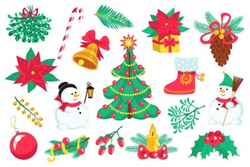 Christmas flowers. Floral holiday elements. Poinsettia and mistletoe sprig. Bouquet with berries. New Year symbols. Spruce branches. Snowman and candles. Vector celebration signs set