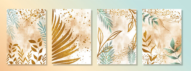 Cards set with watercolor and gold plants. Abstract art vector with glitter elements. Effective cards with botanical leaves and organic shapes. Watercolor style. Space for your own design.