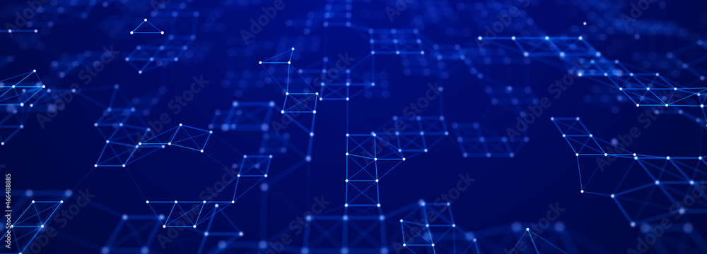 Poster Corrupted network or connection. Abstract digital background of points and lines. Glowing plexus. Big data. Abstract technology science background. 3d rendering