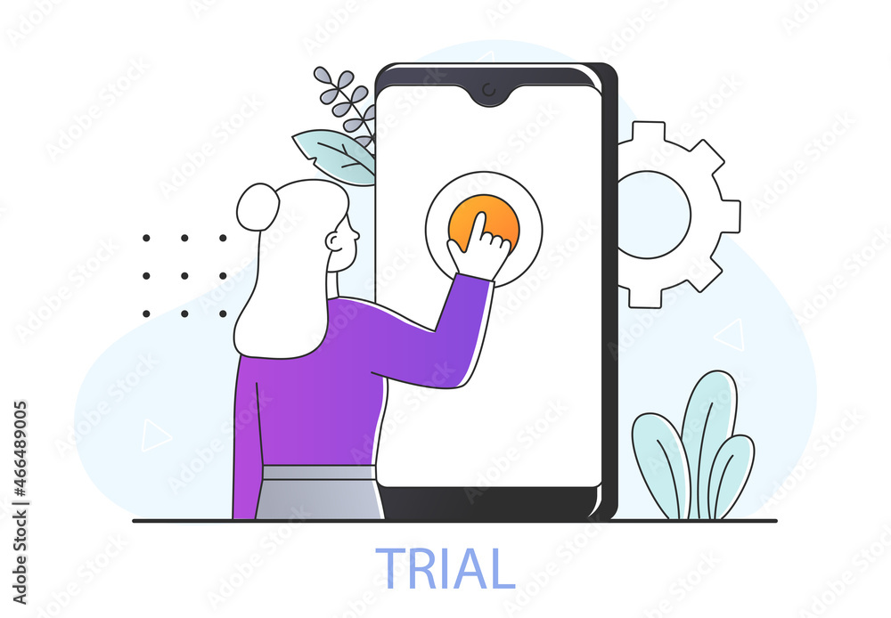 Poster user testing concept. woman stands in front of smartphone and checks quality of application. program