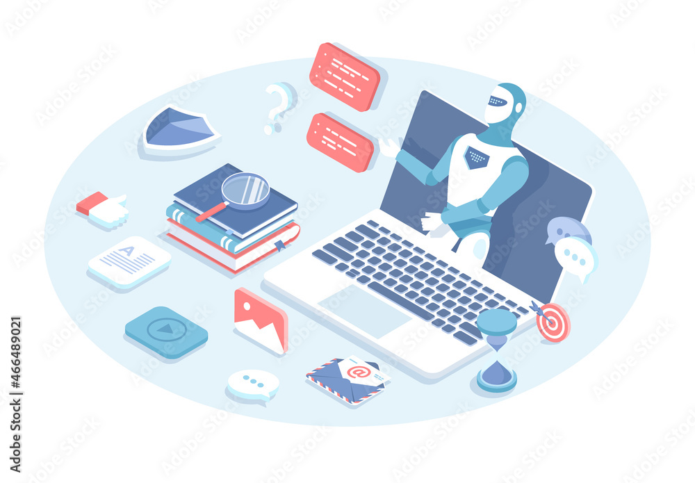 Poster virtual assistant, chatbot. customer support service. robotic character chatting using messenger cha