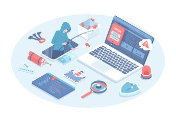 Hacker attack. Cyber criminal phishing private personal data, documents, email, passwords. Online scam and steal. Vector illustration in 3d design. Isometric web banner.
