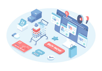 Online shopping at internet digital store concept. Online store e-commerce retail app. Orders on the screen. Vector illustration in 3d design. Isometric web banner.