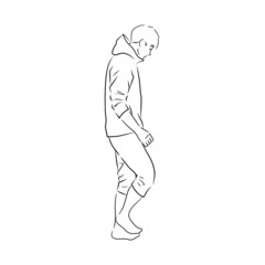 Illustration of a man in a hoodie walking barefoot (white background, vector, cut out, line art)