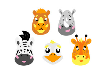 Animal heads. Wildlife animals: camel, zebra, giraffe, rhino, ostrich. Childrens cartoon illustration