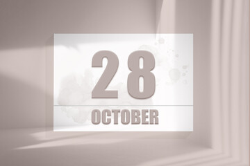 october 28. 28th day of the month, calendar date.White sheet of paper with numbers on minimalistic pink background with window shadows.Autumn month, day of the year concept