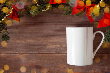 Christmas white mug mockup with Christmas decorations and bokeh on wooden background, mockup, flat lay, copy space