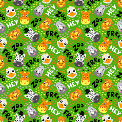 Cartoon seamless pattern for kids on green background. Safari. Wild animal heads: camel, zebra, giraffe, rhino, ostrich.