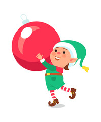 Christmas elf. Cartoon funny magical creature, little helper of Santa Claus, christmas gnome, kids with xmas tree decoration, dwarf winter holidays celebration vector flat isolated set