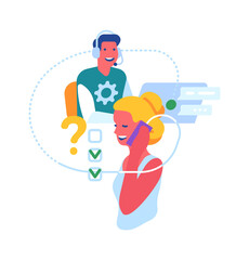 Customer support service. Call center workers, round-the-clock online assistant, chatbot aide, consumer and hotline operator. Woman supporter helps client. Vector illustration