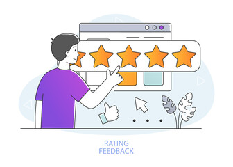 User feedback rating concept. Young man evaluates product or service. Satisfied character gives five stars. Buyer opinion to improve service. Leave review or comment. Cartoon flat vector illustration