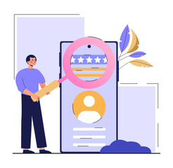 Online reputation management. Man holds magnifying glass and checks rating on smartphone screen. Users give feedback to improve quality of service. Comment or review. Cartoon flat vector illustration