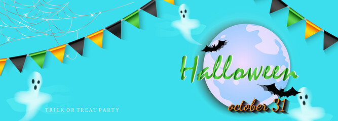  Halloween card or party invitation with bats and ghosts.Vector illustration. Can be used for shopping sale, banner,  invitation, website or greeting card.