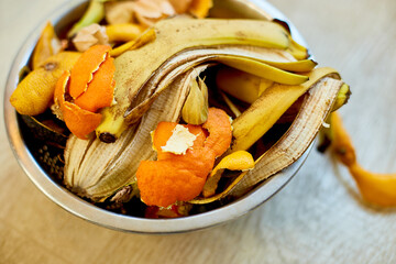 Top view of organic composting with leftover from kitchen, Recycling scraps concept, Sustainable...